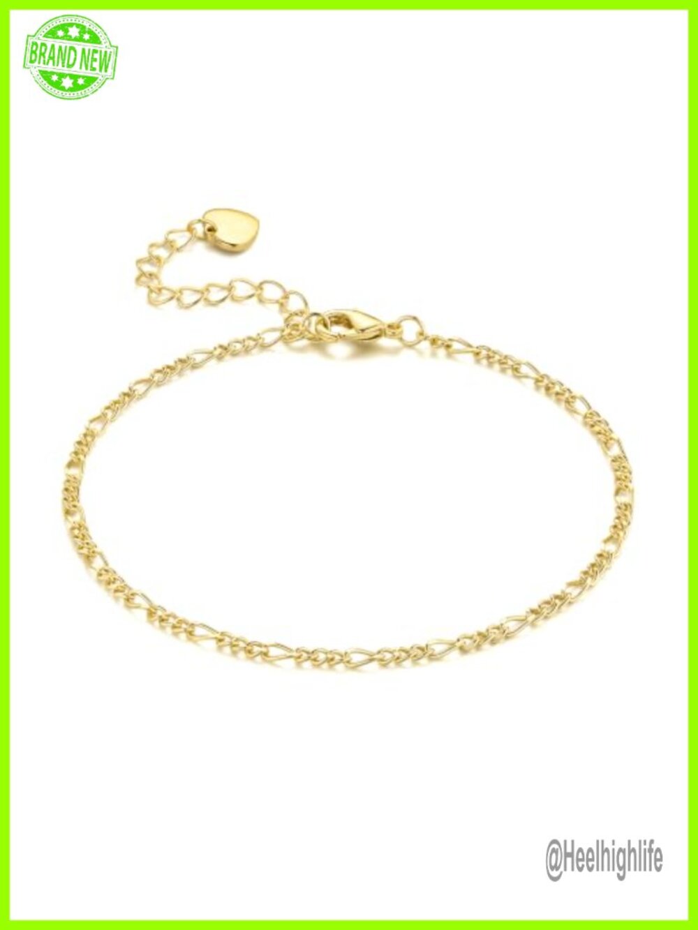 14K Gold Plated Figaro Link Chain Bracelet Adjustable Lobster Claw